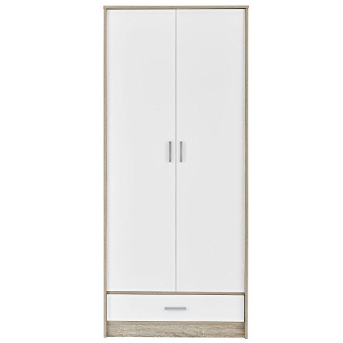 [en.casa] XL Kleiderschrank (190 x 80 x 50 cm) furniert (Eiche) Türen (weiß - Hochglanz - Klavierlack) Kleiderregal 2 Drehtüren