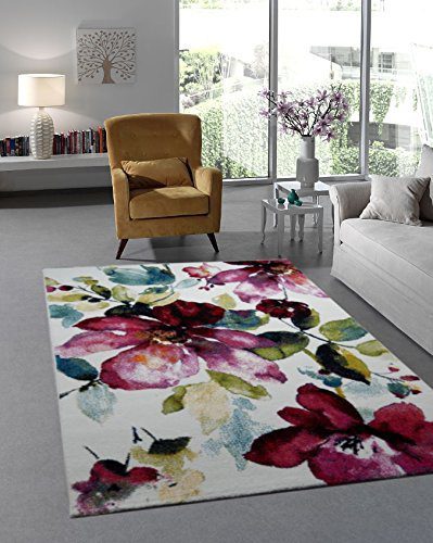 Designer Teppich Modern Blumen Muster Trendiger Kurzflor Teppich Rosa Lila Bunt (160x230 cm)