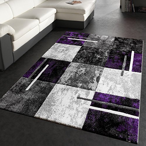 Designer Teppich Modern Konturenschnitt Meliert Karo Muster Lila Grau Schwarz, Grösse:120x170 cm