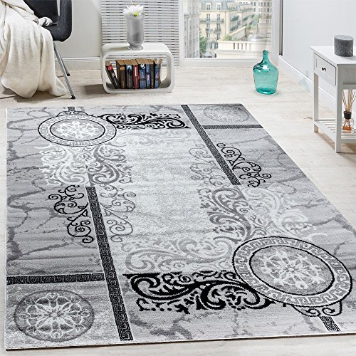 Designer Teppich Modern Meliert Floral mit Versace Muster Kreise Grau Schwarz, Grösse:160x220 cm