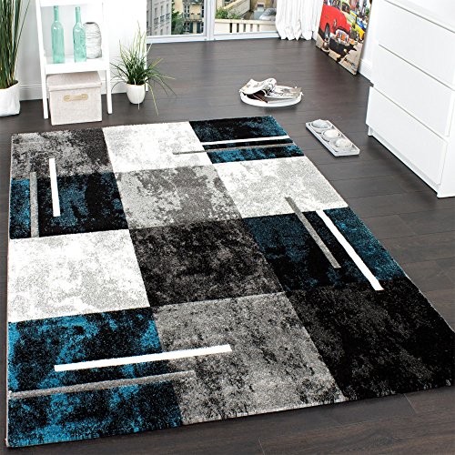 Designer Teppich Modern mit Konturenschnitt Karo Muster Marmor Optik Grau Türkis, Grösse:120x170 cm