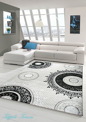 Designer Teppich Moderner Teppich Wohnzimmer Teppich Klassisch gemustert Kreis Ornamente in Creme Grau Schwarz Größe 80x150 cm