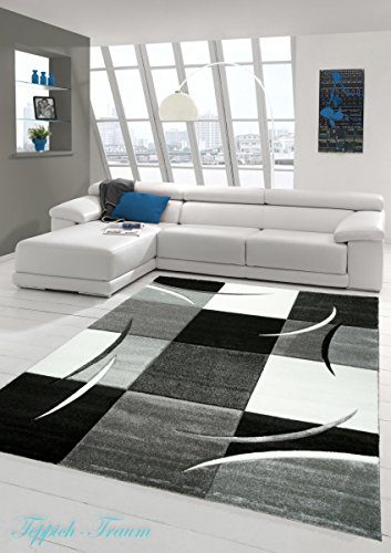 Designer Teppich Moderner Teppich Wohnzimmer Teppich Kurzflor Teppich mit Konturenschnitt Karo Muster Grau Weiss Schwarz Größe 160x230 cm