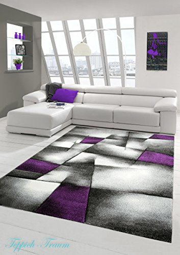 Designer Teppich Moderner Teppich Wohnzimmer Teppich Kurzflor Teppich mit Konturenschnitt Karo Muster Lila Grau Weiss Schwarz Größe 200 x 290 cm
