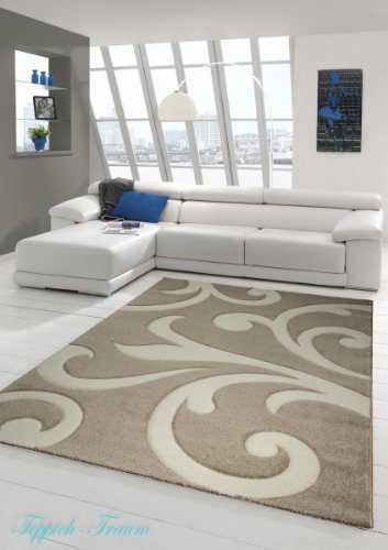 Designer Teppich Moderner Teppich Wohnzimmer Teppich Kurzflor Teppich mit Konturenschnitt Wellenmuster Braun Beige Mocca Größe 80x150 cm