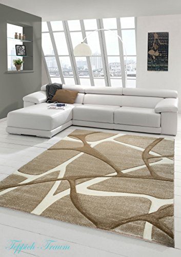 Designer Teppich Moderner Teppich Wohnzimmer Teppich Kurzflor Teppich mit Konturenschnitt Wellenmuster Braun Cream Mocca Größe 200 x 290 cm