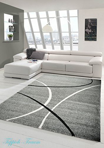 Designer Teppich Moderner Teppich Wohnzimmer Teppich Kurzflor Teppich mit Streifen Muster Grau Beige Schwarz ( Abverkauf ) Größe 200 x 290 cm