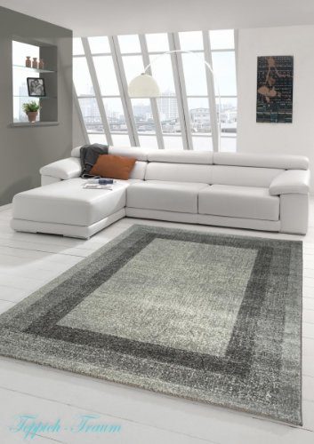 Designer Teppich Moderner Teppich Wohnzimmer Teppich Velours Kurzflor Teppich mit Winchester Bordüre in Grau Creme Größe 160x230 cm