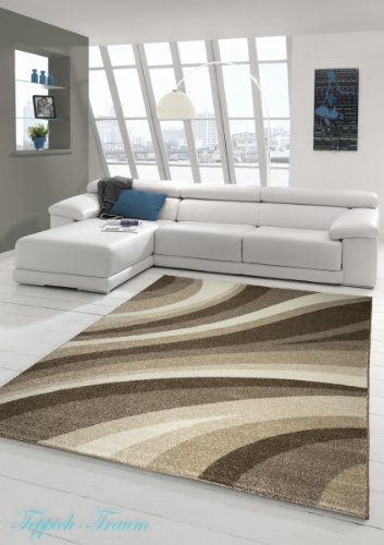Designer Teppich Moderner Teppich Wohnzimmer Teppich Velours Kurzflor Teppich mit Winchester Wellen Muster in Braun Creme Beige Größe 67x120 cm