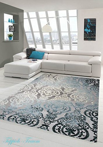 Designer Teppich Moderner Teppich Wollteppich Meliert Wohnzimmer Teppich Wollteppich Ornament Türkis Grau Cream Größe 120x170 cm