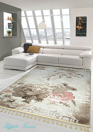 Designer Teppich Moderner Teppich Wollteppich Meliert Wohnzimmerteppich Wollteppich Blumenmuster Beige Braun Rosa Größe 80x150 cm