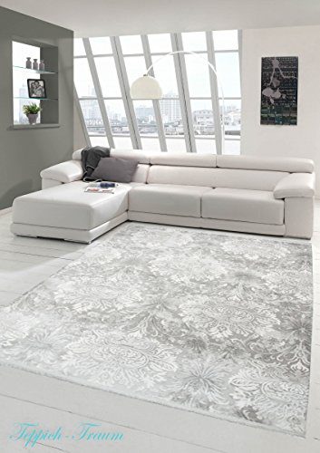 Designer Teppich Moderner Teppich Wollteppich Meliert Wohnzimmerteppich Wollteppich mit Fransen Ornament Grau Größe 80x150 cm