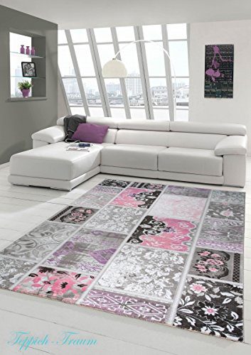 Designer Teppich Moderner Teppich Wollteppich Patchwork Wohnzimmerteppich Wollteppich Ornament Pink Grau Creme Größe 80 x 300 cm