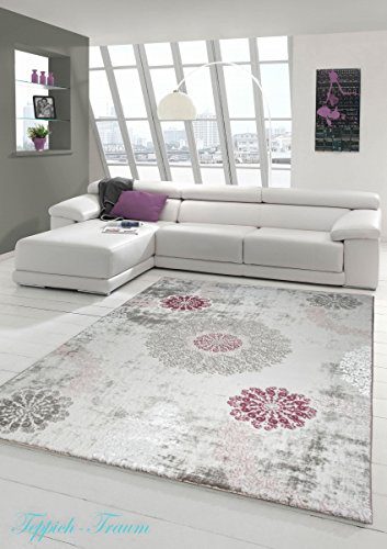 Designer Teppich Moderner Teppich Wollteppich mit Ornamente Wohnzimmerteppich Wollteppich in Lila Grau Creme Größe 120x170 cm