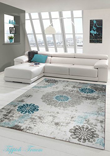 Designer Teppich Moderner Teppich Wollteppich mit Ornamente Wohnzimmerteppich Wollteppich in Türkis Grau Creme Größe 160x230 cm