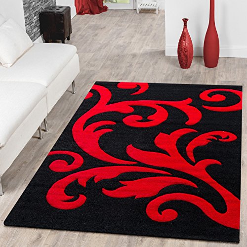 Designer Teppich Wohnzimmerteppich Levante Modern mit Floral Muster Rot Schwarz, Größe:240x340 cm