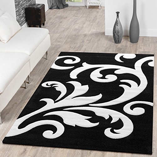 Designer Teppich Wohnzimmerteppich Levante Modern mit Floral Muster Weiß Schwarz, Größe:160x230 cm