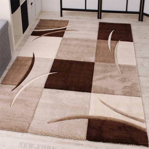 Designer Teppich mit Konturenschnitt Karo Muster Braun Beige, Grösse:80x300 cm