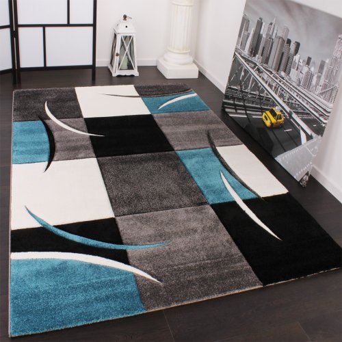 Designer Teppich mit Konturenschnitt Karo Muster Türkis Grau, Grösse:80x150 cm