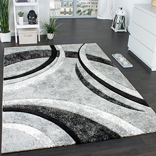 Designer Teppich mit Konturenschnitt Muster Gestreift Grau Schwarz Creme Meliert, Grösse:120x170 cm