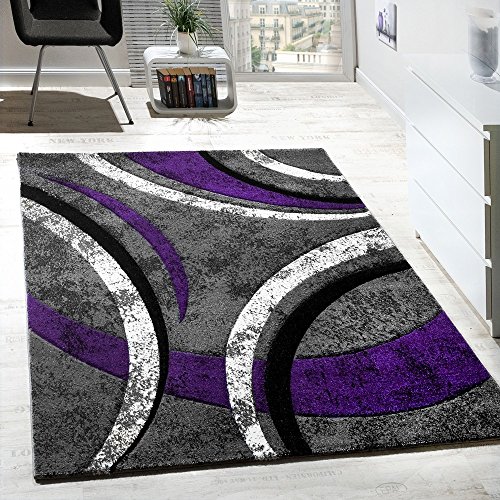 Designer Teppich mit Konturenschnitt Muster Gestreift Lila Grau Creme Meliert, Grösse:200x290 cm