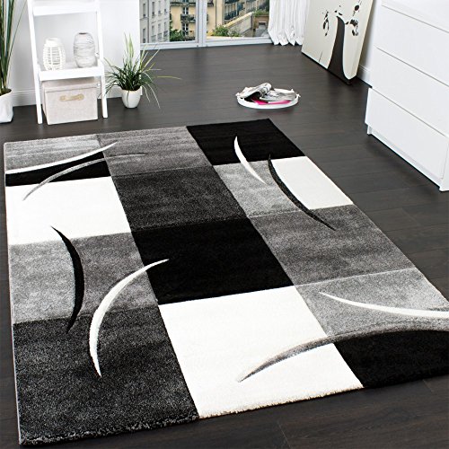 Designer Teppich mit Konturenschnitt Muster Kariert in Schwarz Weiss Grau, Grösse:160x230 cm