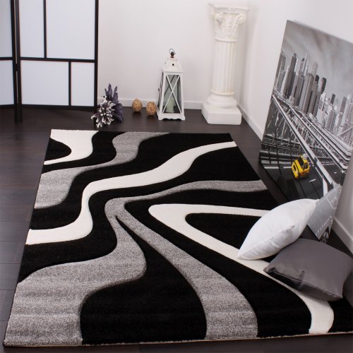 Designer Teppich mit Konturenschnitt Wellen Muster Schwarz Grau Weiss, Grösse:120x170 cm