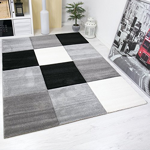 Moderner Designer Teppich, Kariert, handgeschnittene Konturen, Farbe Grau Weiß Schwarz- ÖKO TEX Zertifiziert - Pflegeleicht, VIMODA; Maße: 160x230cm