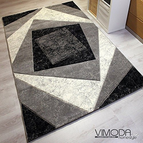 Moderner Designer Teppich Karo Kariert Design Muster in Grau Meliert und Handgeschnittene Konturen - VIMODA; Maße: 80x150 cm