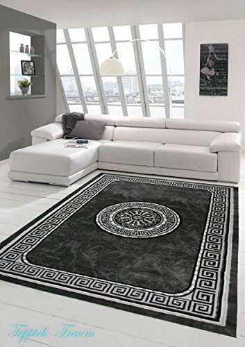 Moderner Teppich Designer Teppich Orientteppich mit Glitzergarn Wohnzimmer Teppich mit Klassisch Orientalischen Bordüre Ornamente in Grau Schwarz Creme Größe 160x220 cm