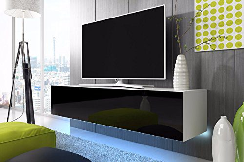 TV Schrank Lowboard Hängeboard SIMPLE mit LED Blau (Weiß Matt / Schwarz Hochglanz 100 cm)