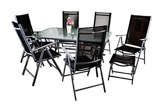 9tlg. Gartengarnitur Sitzgarnitur Sitzgruppe Gartenmöbel Alu Aluminium mit Glastisch 6 klappbare Stühle Hochlehner 2 Klapphocker schwarz