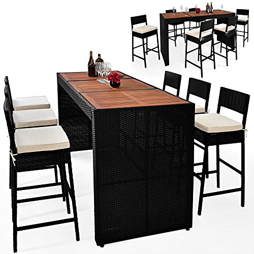 Alu Rattan Bar Set mit 6 Stühlen und Akazienholztischplatte Gartenmöbel Sitzgarnitur