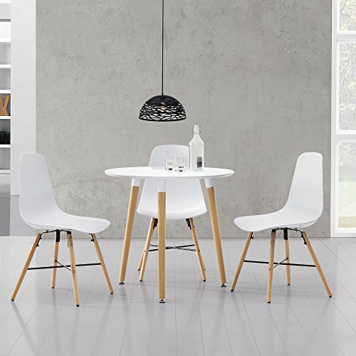 [en.casa] Esstisch (rund - ø80cm) mit 3 Design-Stühlen - Sitzgruppe in Retro-Look (Weiß)