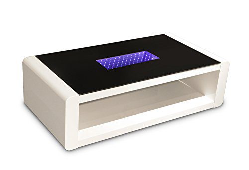 Cavadore 86203 Couchtisch Hutch / moderner, niedriger Tisch mit schwarzem Glas und LED-Beleuchtung / mit Ablage / Hochglanz Weiß / 120 x 60 x 35 cm (L x B x H)