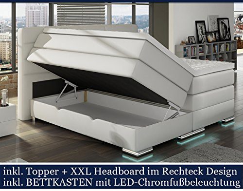 XXL ROMA Boxspringbett mit Bettkasten Designer Boxspring Bett LED Schneeweiss Rechteck Design