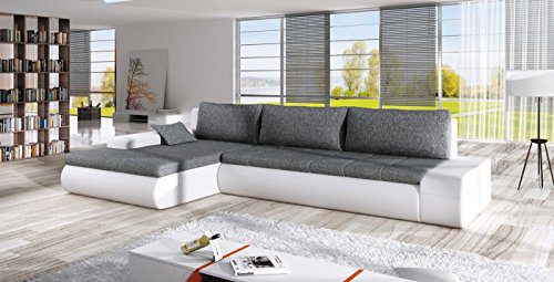 Ecksofa OSAKA IV mit Schlaffunktion Sofa Couch Schlafsofa Polsterecke Bettfunktion (ottomane links, kunstleder weiß / stoff INARI 91)