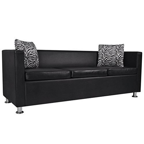 Festnight 3-Sitzer Sofa Kunstledersofa Loungesofa Rüchenlehne Couch mit 2 Kissen Sitzkomfort Schwarz