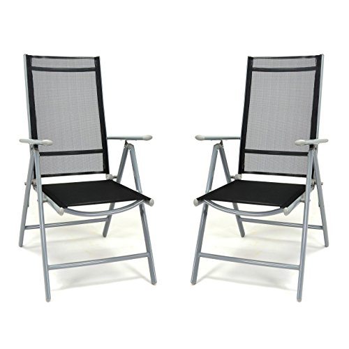 2er Set Klappstuhl schwarz Aluminium 7-fach-verstellbar Gartenstuhl mit Armlehne witterungsbeständig stabil leicht Hochlehner Rahmen silber Terrasse Balkon