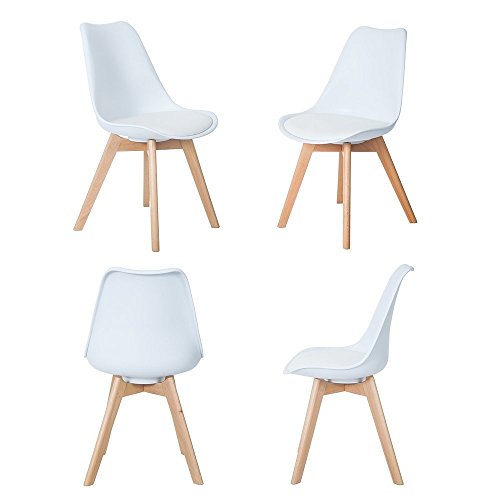 4er Set Esszimmerstühle mit Massivholz Buche Bein, Retro Design Gepolsterter Stuhl Küchenstuhl Holz, Weiß