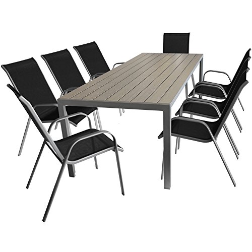 9er Set Gartenmöbel, Aluminium Gartentisch mit Polywood-Tischplatte, 205x90cm + 8x Stapelstühle mit Textilenbespannung, Stahlgestell pulverbeschichtet, Silbergrau/Schwarz