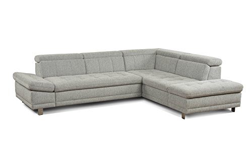 Cavadore Sofa "Imit" in L-Form / Schlafsofa mit Ottomane rechts inkl. Bett, Stauraum, Kopfteilverstellung + Armteilfunktion / Rückenecht / Metallfüße / Größe: 275x76-89x217 cm (BxHxT) / Strukturstoff in hellgrau