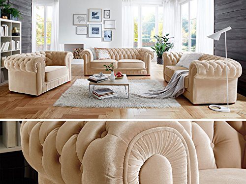 Chesterfield Sofa-Garnitur 3-2-1 Samtstoff Knopfheftung Modern Designer Couch (Creme)