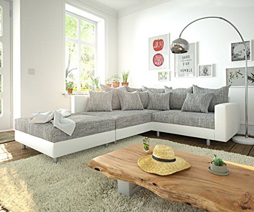 Couch Clovis modular - Ecksofa, Sofa, Wohnlandschaft & Modulsofa (Grau/Weiss, Ecksofa Links mit Hocker + Armlehne)