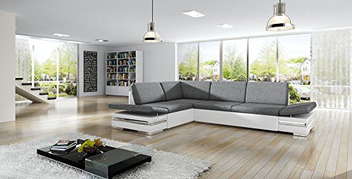 Ecksofa LATINO mit Schlaffunktion Sofa Couch Schlafsofa Polsterecke Bettfunktion (ottomane links, kunstleder weiß / stoff INARI 91)