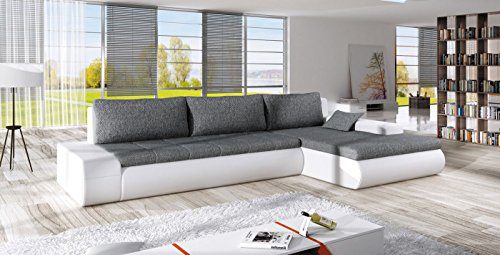 Ecksofa OSAKA IV mit Schlaffunktion Sofa Couch Schlafsofa Polsterecke Bettfunktion (ottomane rechts, kunstleder weiß / stoff INARI 91)