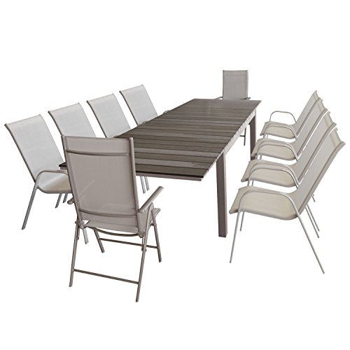 Gartenmöbel-Set ausziehbarer Aluminium Gartentisch mit Polywood Tischplatta 160/210/260x95cm + 8x Stapelstuhl mit Textilenbespannung + 2x Alu Hochlehner mit 7fach verstellbarer Rückenlehne