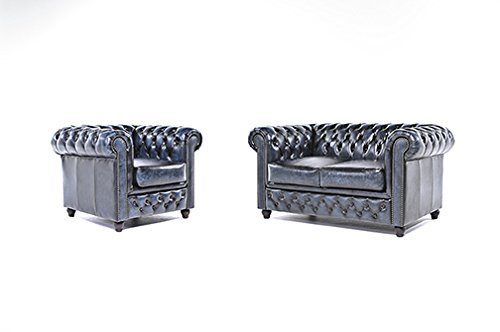 Original Chesterfield Sofa und Sessel - 1 / 2 Sitzer - Vollständig Handgewaschenes Leder – Antik Blau