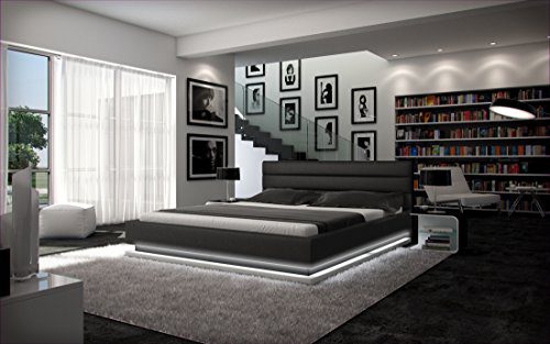 Polster-Bett 200x200 cm schwarz aus Kunstleder mit LED-Beleuchtung am Fuß des Bettes | Inapir | Das Kunst-Leder-Bett ist ein edles Designer-Bett | Doppel-Bett 200 cm x 200 cm in Leder-Optik, Made in EU)