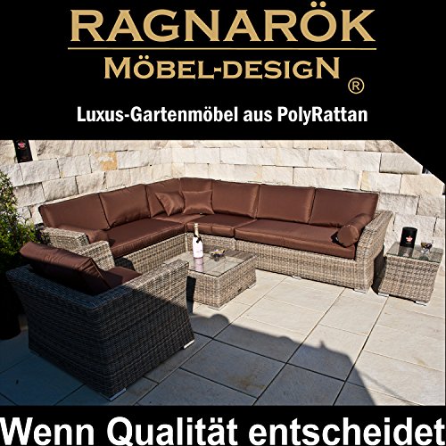 PolyRattan Lounge - Deutsche Marke - eigene Produktion -- 8 Jahre Garantie auf UV Beständig - Garten Möbel Ragnarök-Möbeldesign Natur-Farben H Rundrattan Gartenmöbel Alu